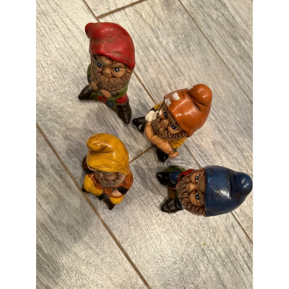 Garden Gnome Figurines Hand Painted Ceramic Set of 4 Fairy 70s Retro Decor Art